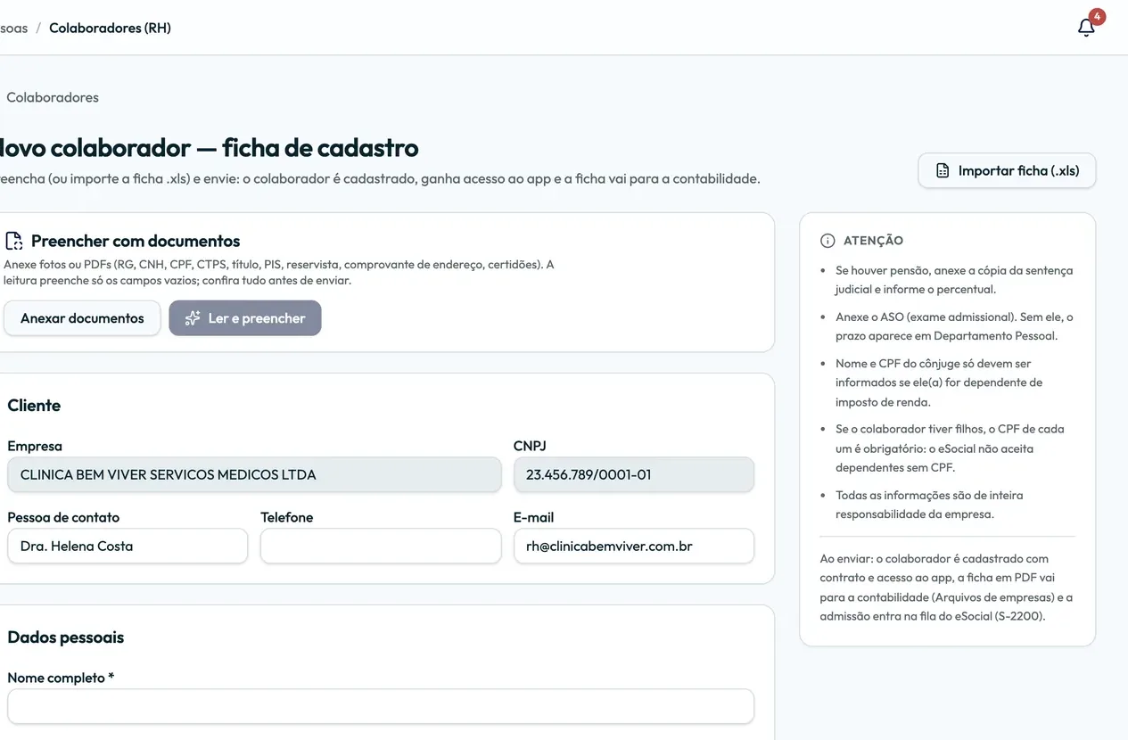 Ficha de admissão do colaborador com anexo de documentos e preenchimento assistido