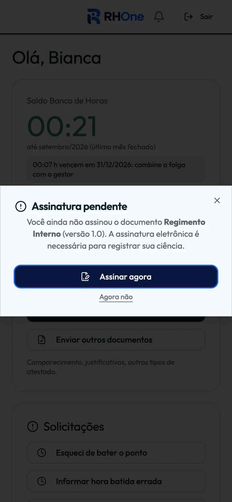 Pedido de assinatura eletrônica no celular