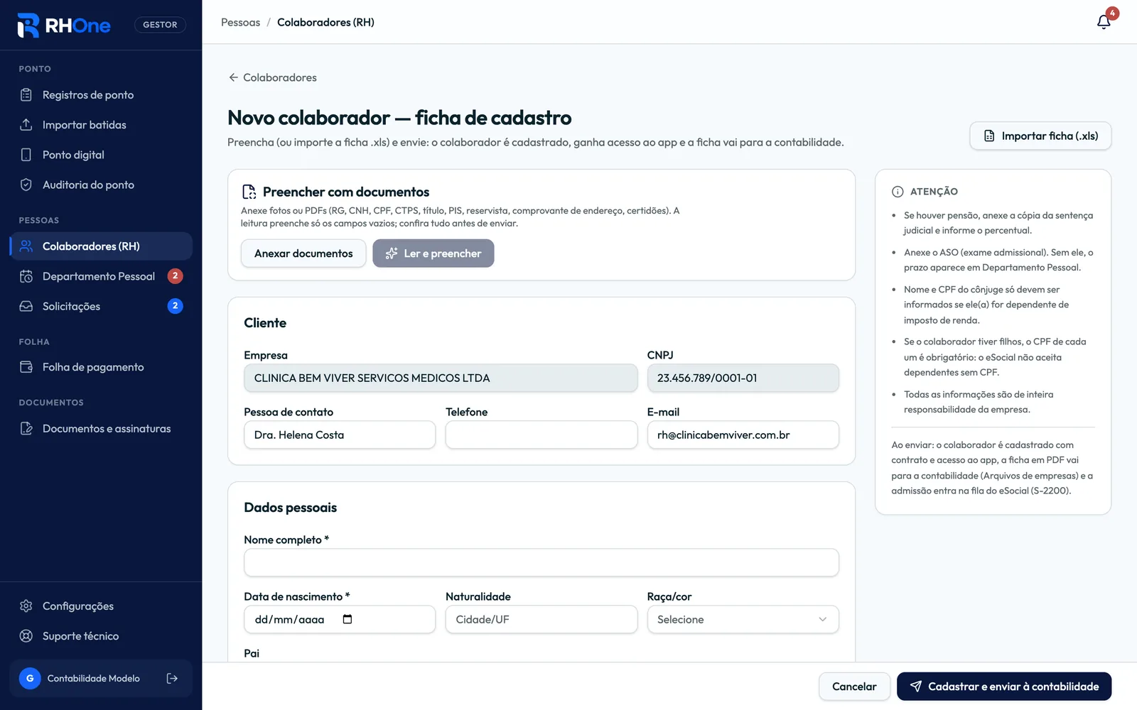 Ficha de cadastro preenchida com documentos