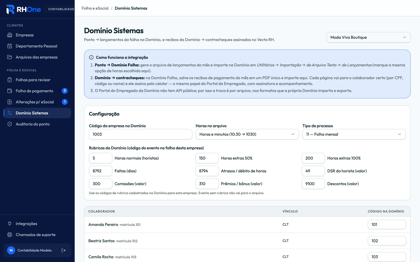 Configuração da integração com o Domínio Sistemas