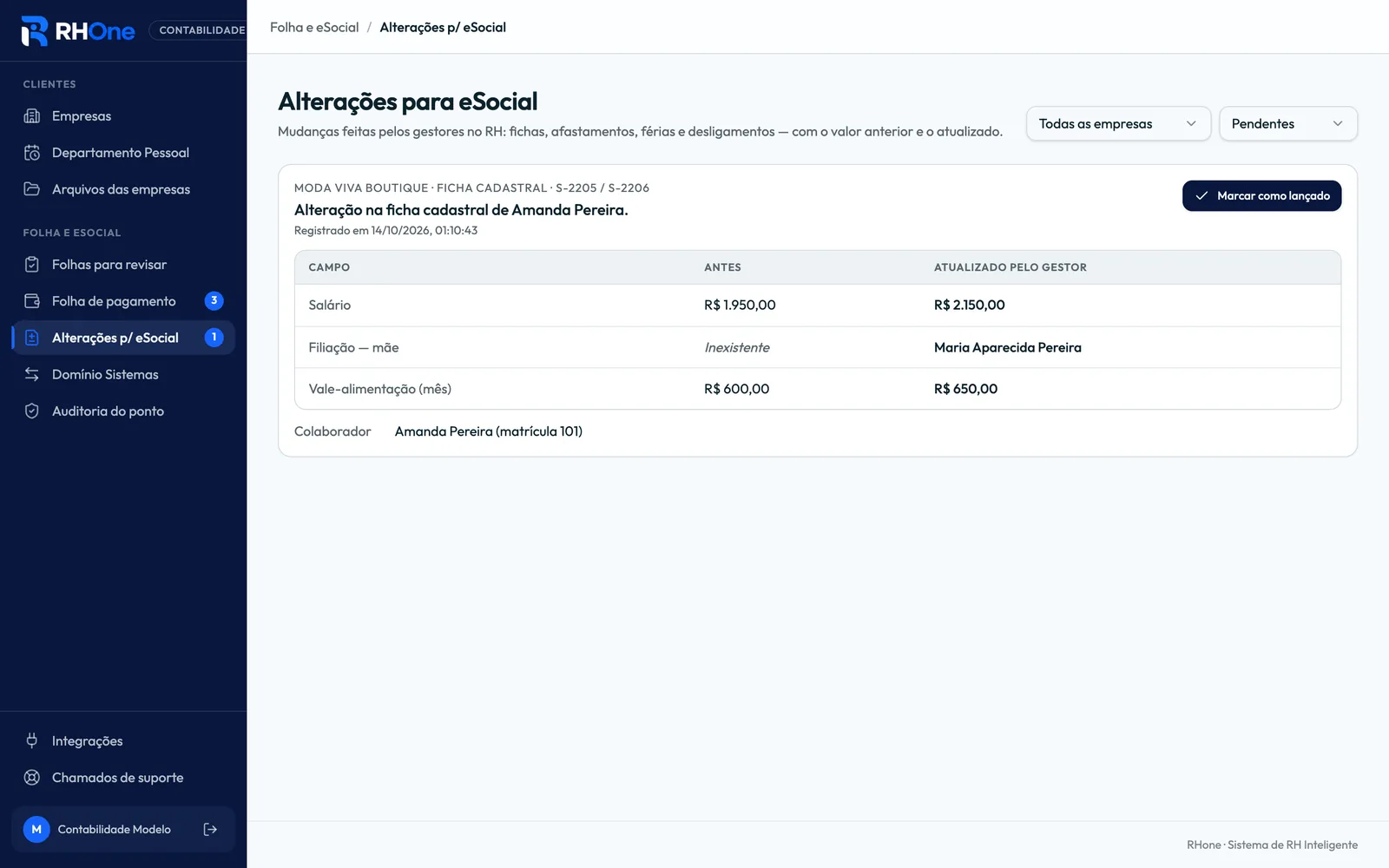 Fila de alterações para o eSocial