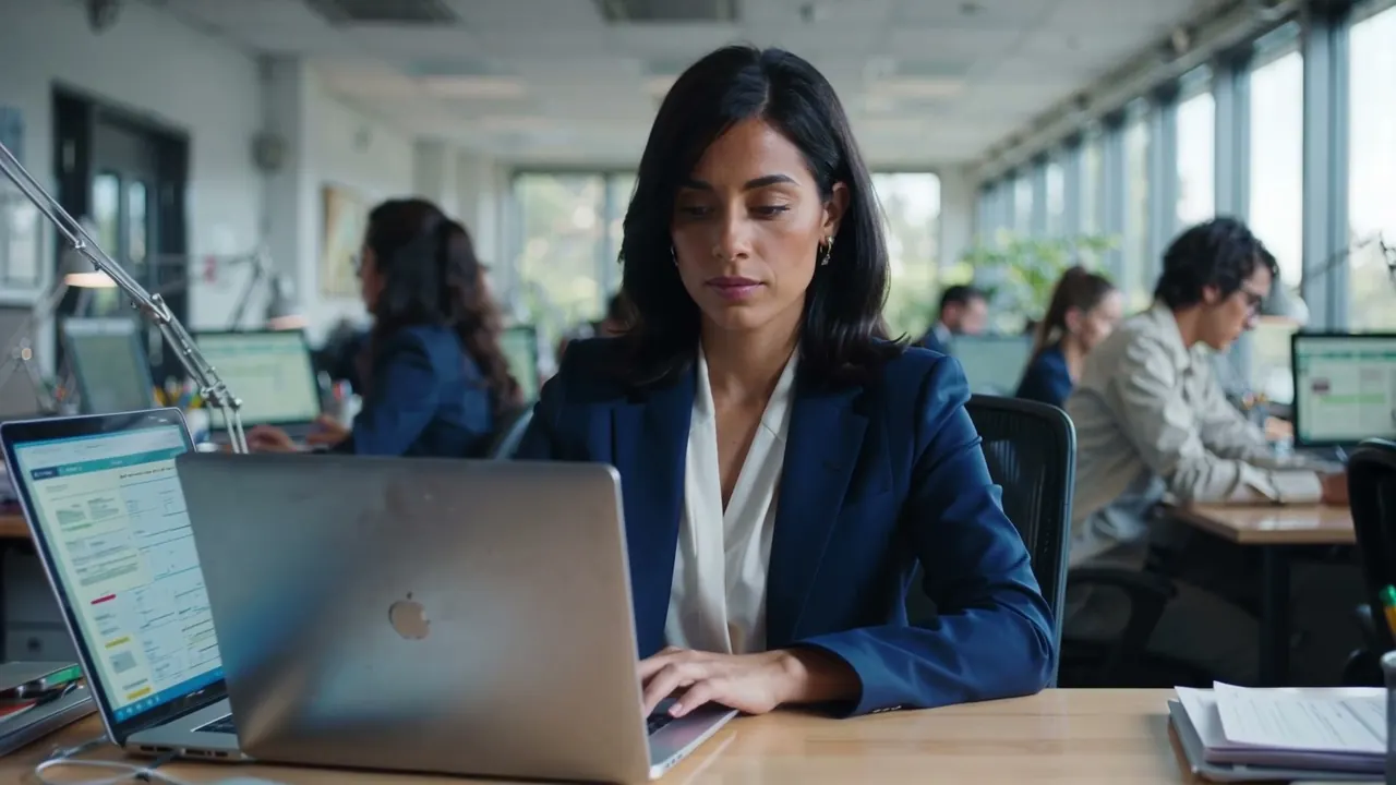 Contadora trabalhando no notebook em escritório contábil
